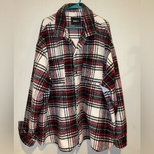 Men’s Plaid Button-Up Shirt - Burgundy, White and Black